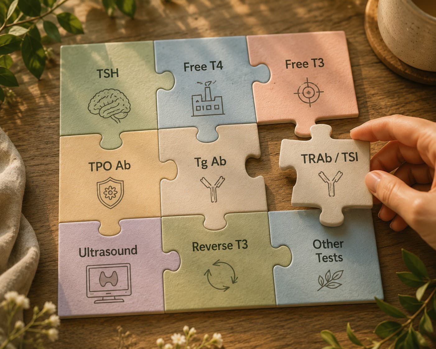 A jigsaw puzzle of thyroid tests — TSH, Free T4, Free T3, TPO, Tg, TRAb/TSI, ultrasound and more