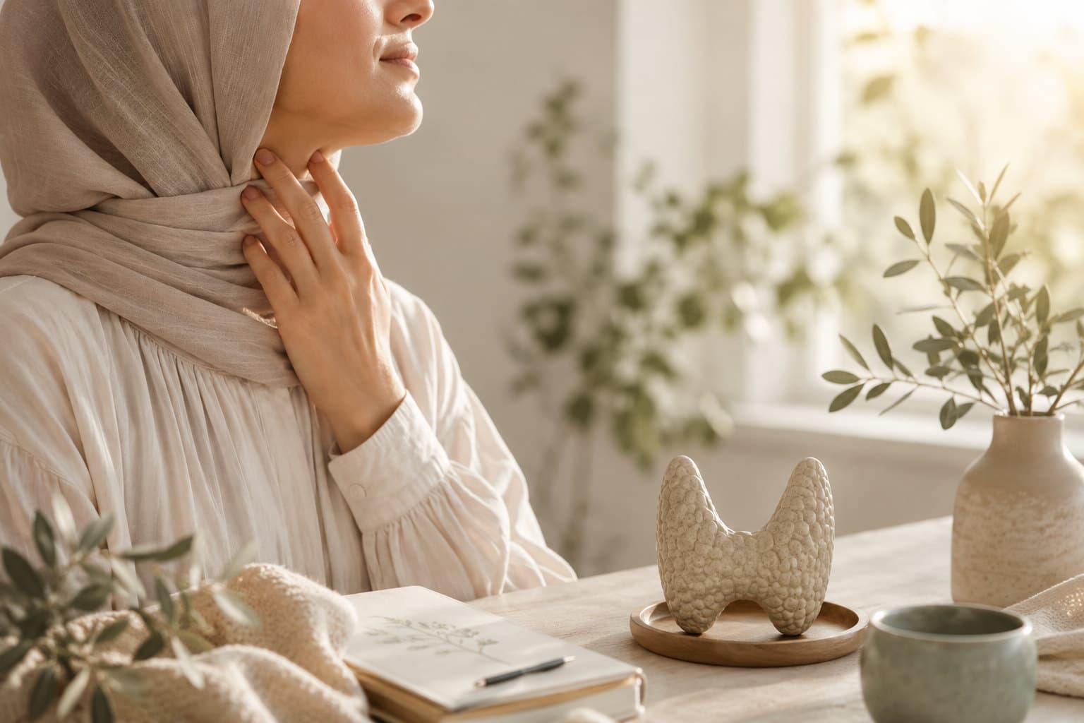 A woman in a soft hijab resting her hand on her neck, beside a ceramic model of the thyroid gland