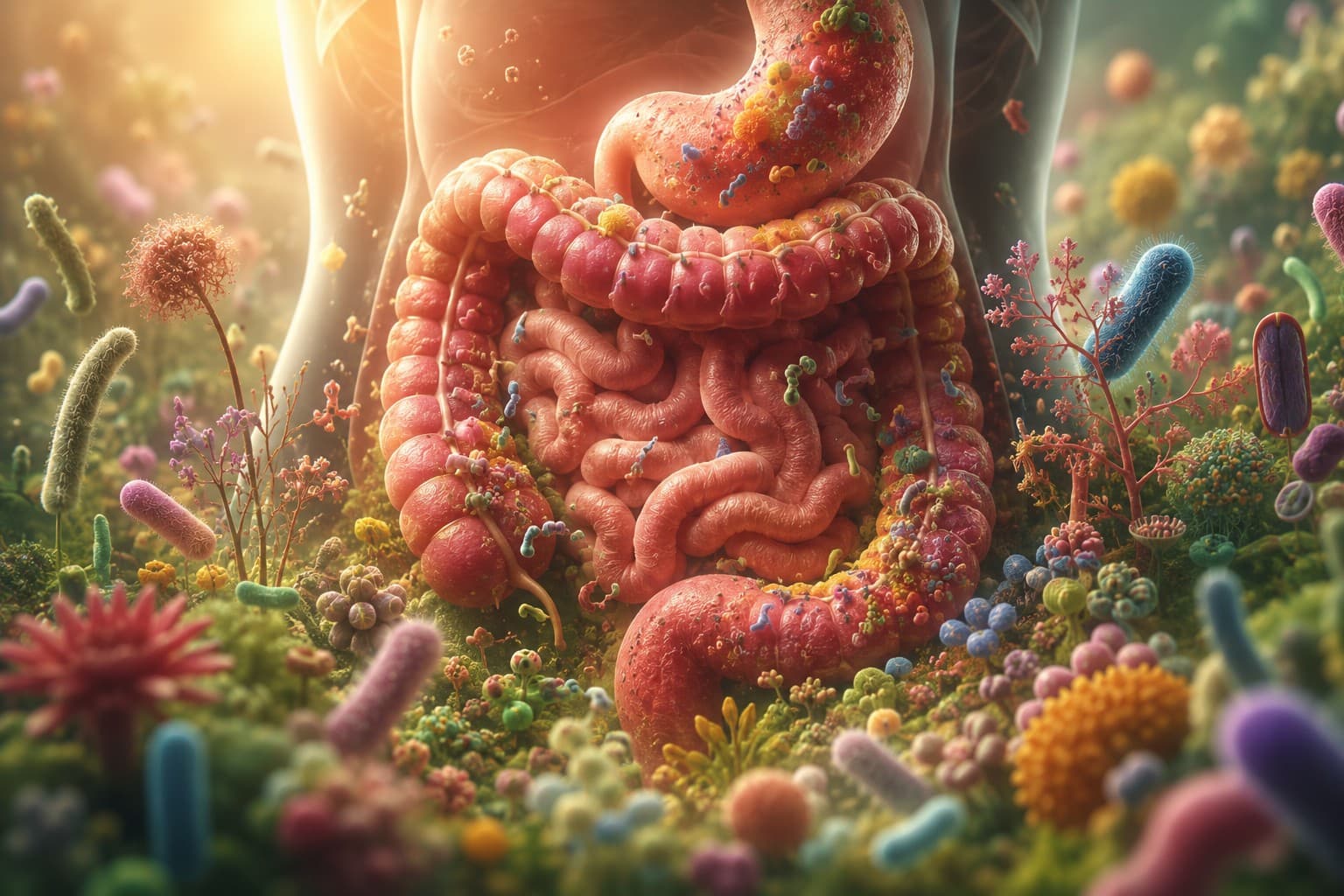 A colorful illustration of the human digestive system surrounded by a garden of microbes