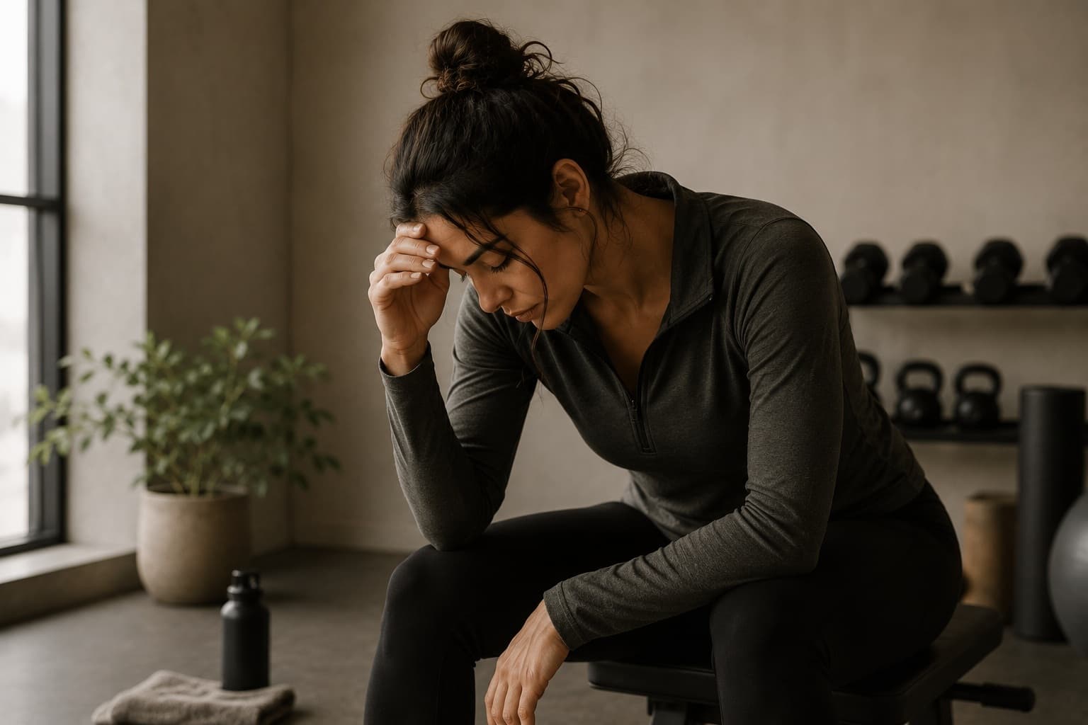 A woman pausing thoughtfully during light exercise outdoors