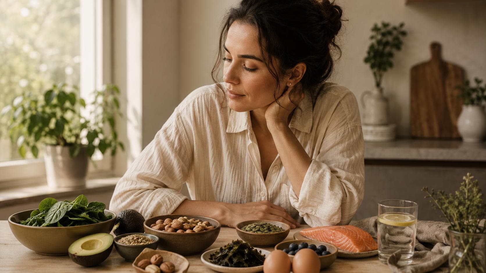 A still-life arrangement of whole foods rich in thyroid-supporting nutrients