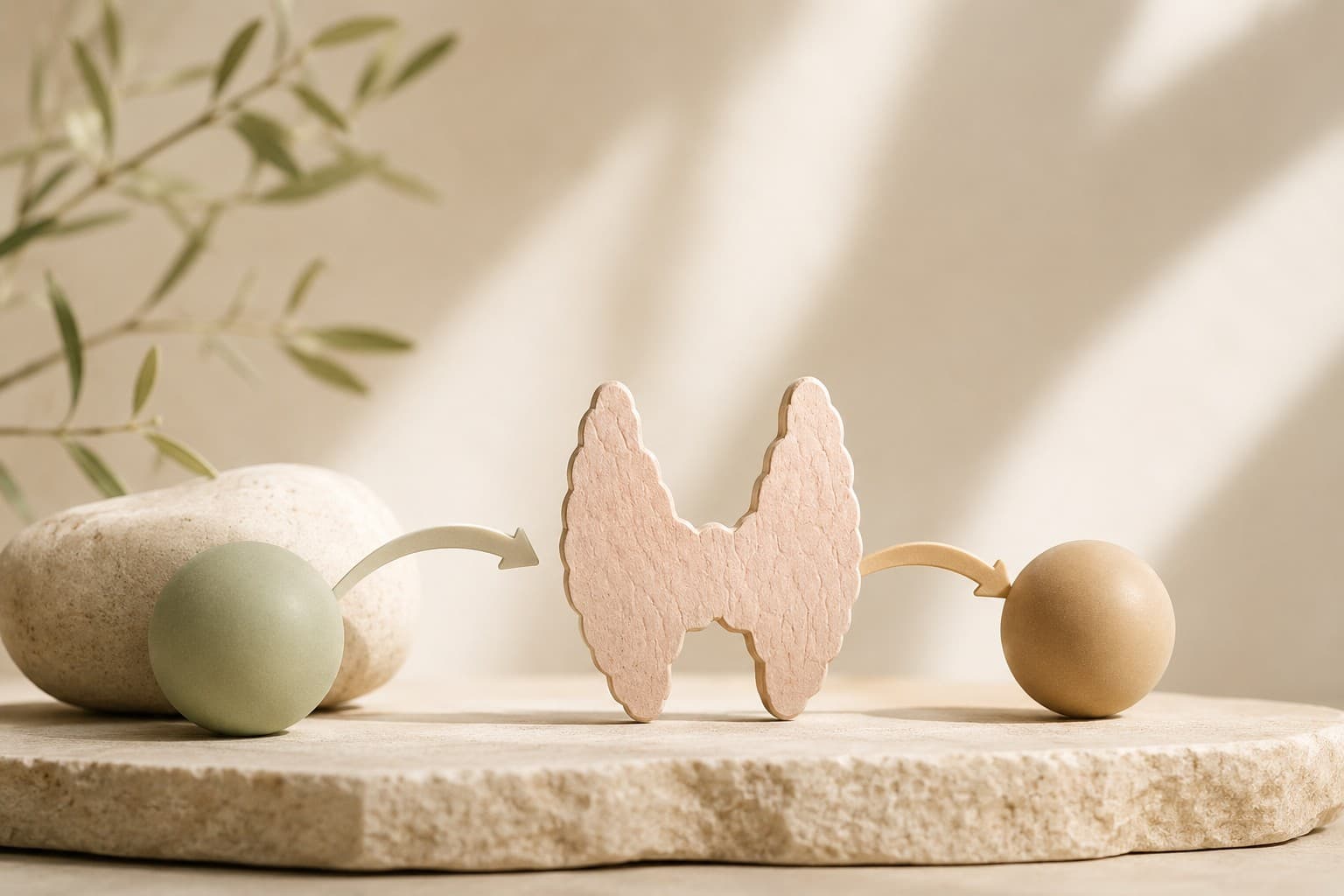 A wooden thyroid silhouette flanked by two small stone-like spheres on a textured base, representing T4 and T3 hormones