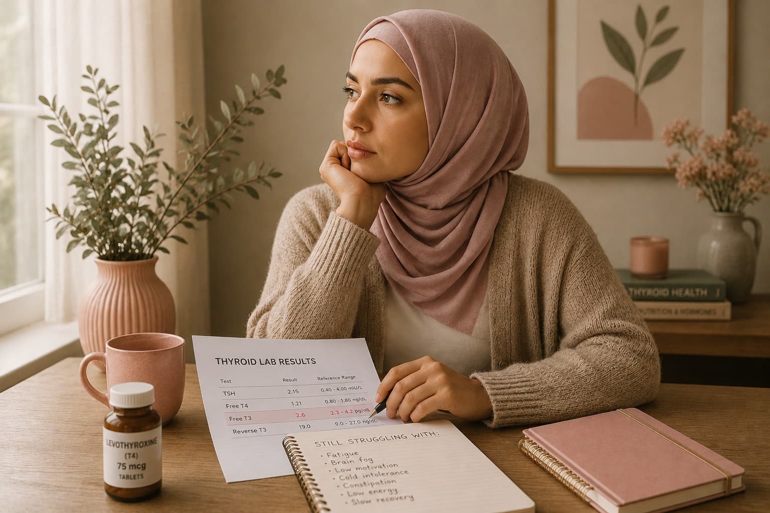 A woman sitting quietly at a soft-lit table with a thyroid lab results sheet in front of her