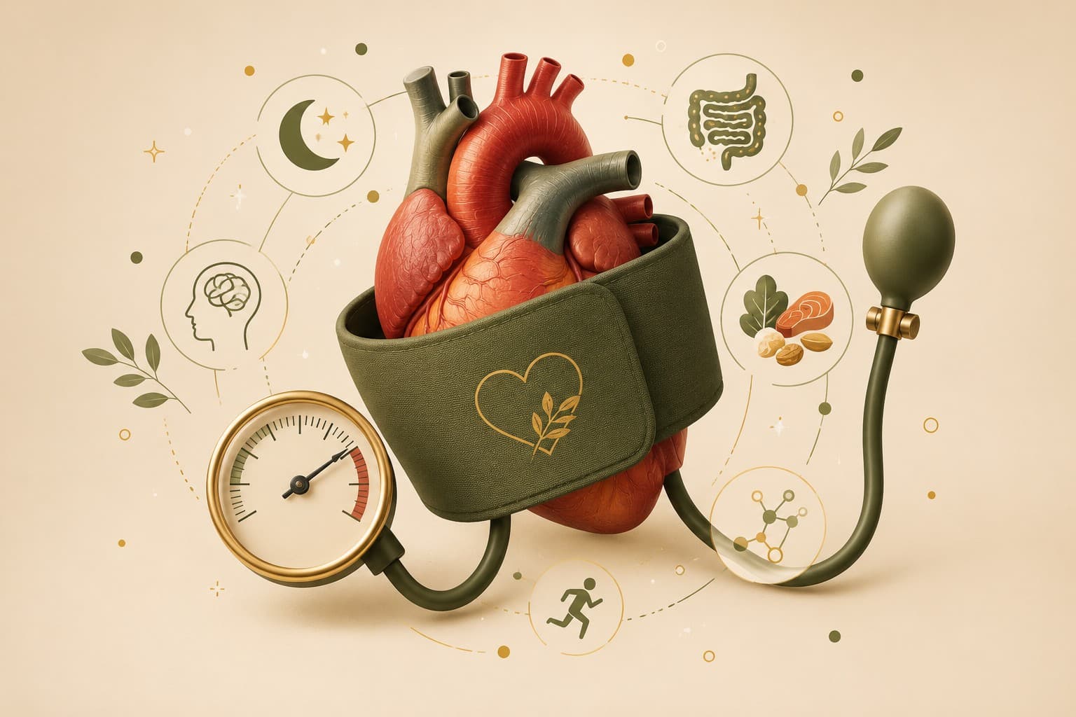 A home blood pressure monitor reading 120/80 on a sunlit table surrounded by herbal tea, nuts, fresh greens, fruit and a notebook