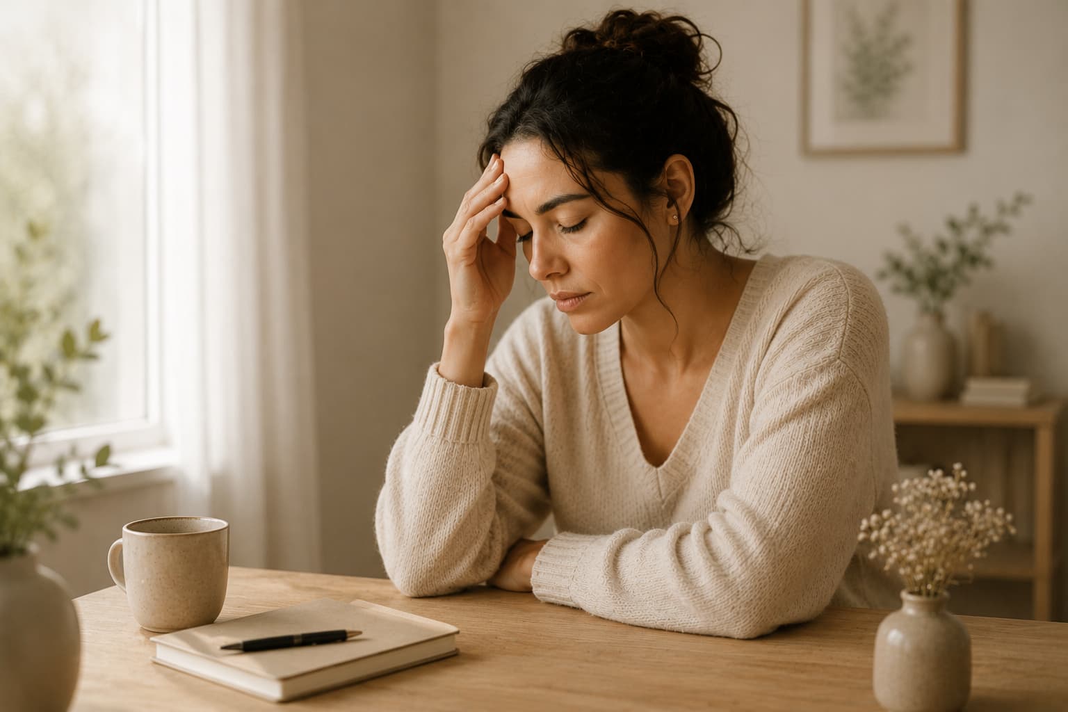 A woman resting her head on her hand at a desk, with a soft window light and a mug