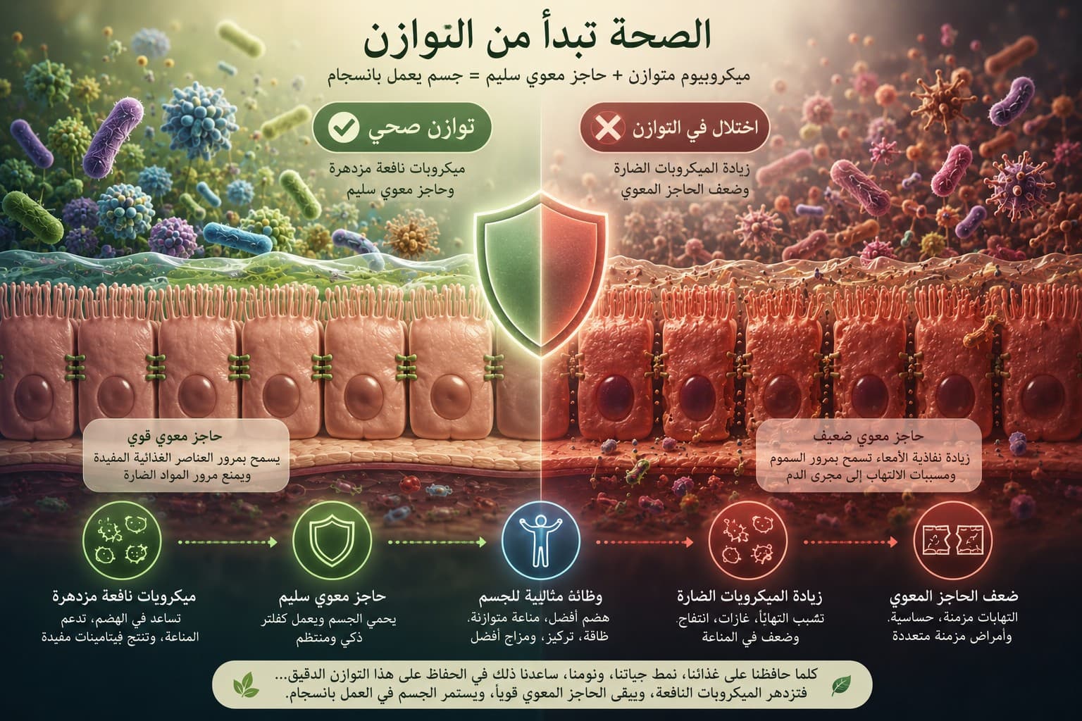 رسم توضيحي يقارن بين ميكروبيوم معوي متوازن وحاجز معوي سليم مقابل حالة اختلال التوازن وضعف الحاجز