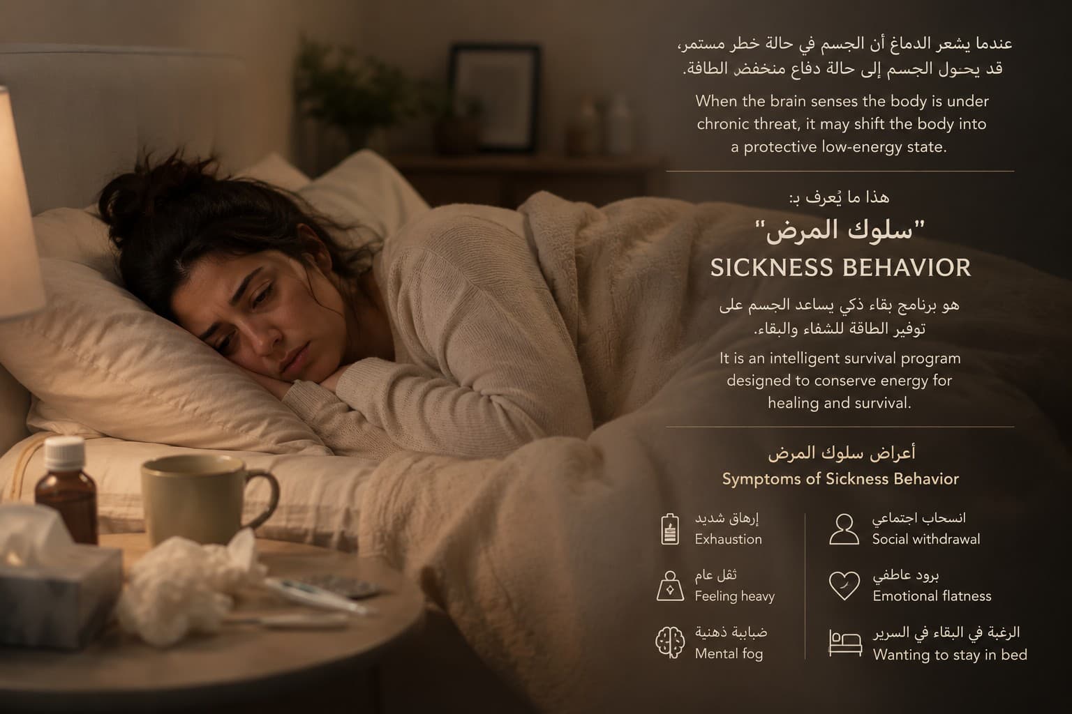 امرأة متعبة ترتاح في السرير، تجسد استجابة "سلوك المرض" في الجسم تجاه الالتهاب المزمن