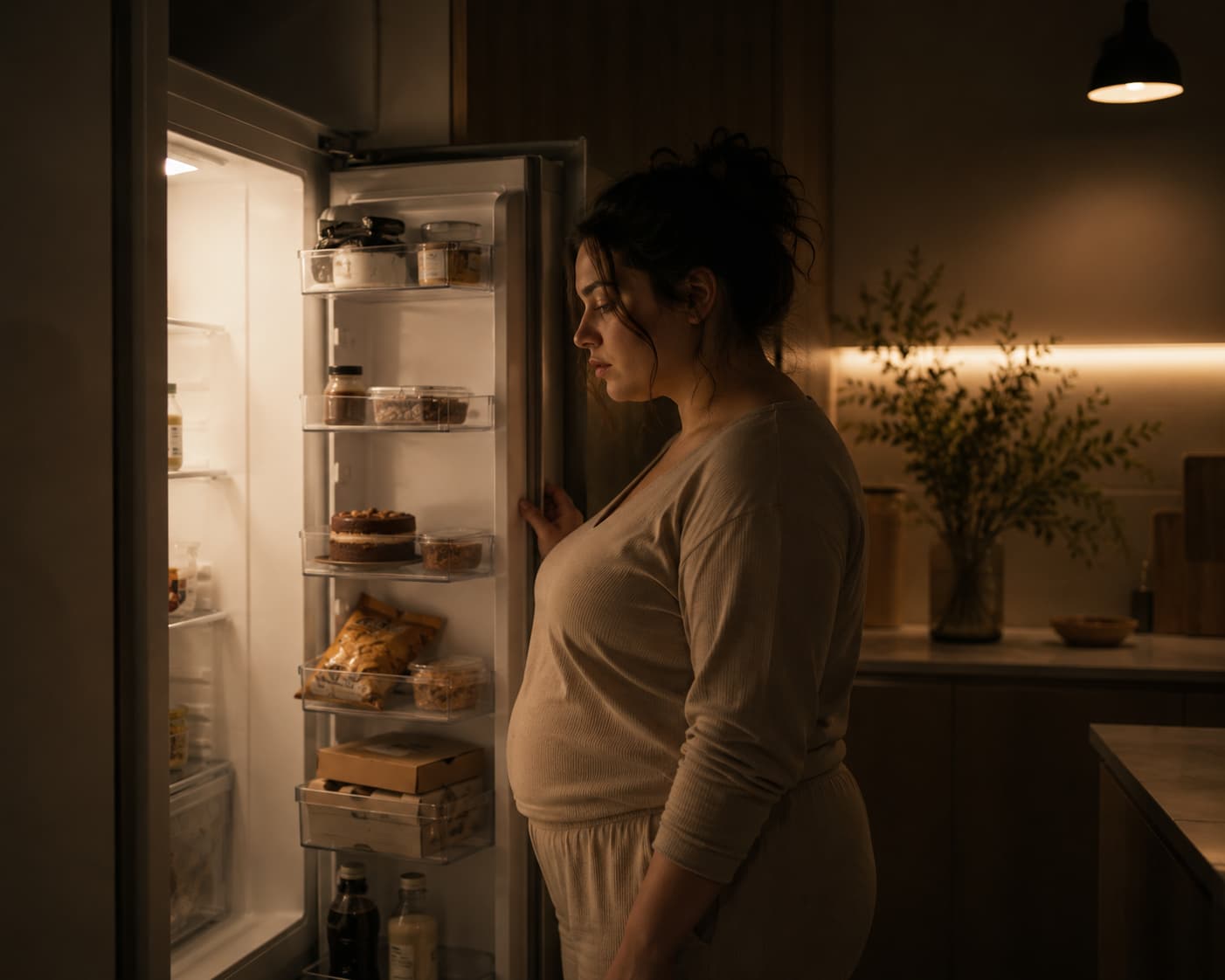 A woman standing in front of an open refrigerator at night, representing late-night cravings and the cycle of emotional eating